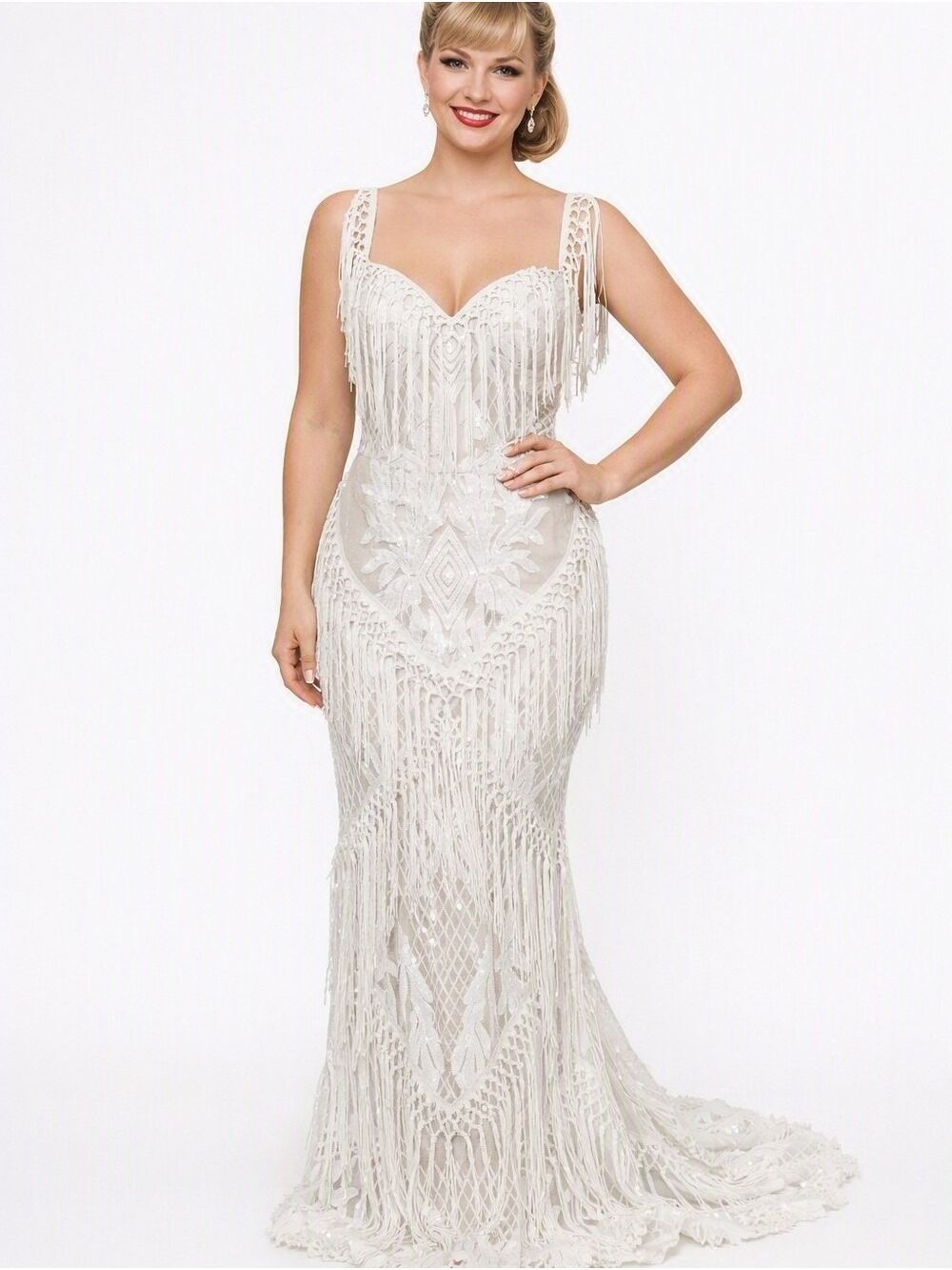 FAERIESTY Boho Fringe White 20S Gatsby FlapperStyle Embellished Maxi Dress.1XL